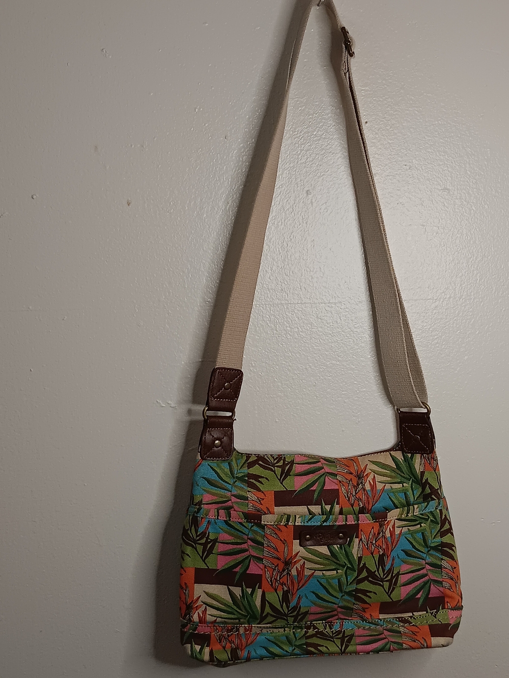 Tropical Print Crossbody Shoulder Bag - Beige Strap